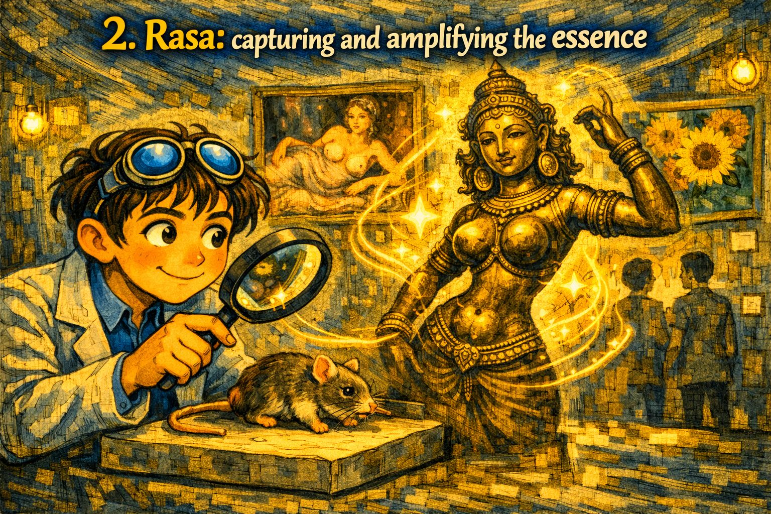 Illustration of rasa — capturing and amplifying essence — featuring a Chola dynasty bronze sculpture of goddess Parvati with exaggerated feminine features