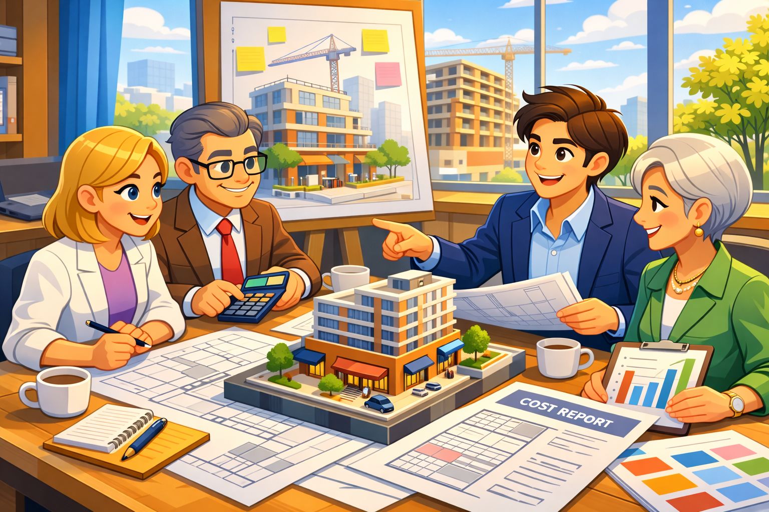 collaborative project table with architect drawings, cost estimates, consultant notes, and a small real estate team discussing a mixed-use development