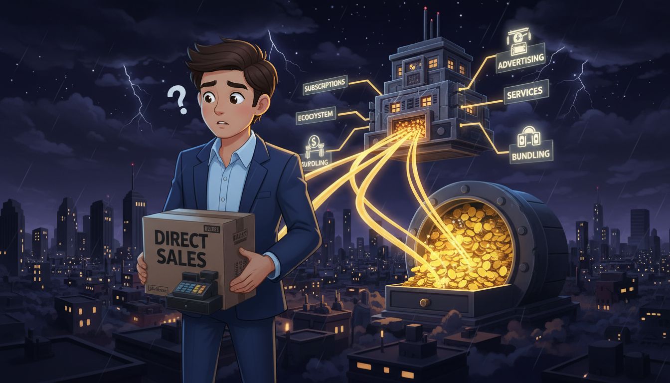 A man standing in the storm, holding a direct-sales box, while behind him there are hidden revenue streams like subscriptions, advertising, and services flowing in, editorial illustration about product revenue models