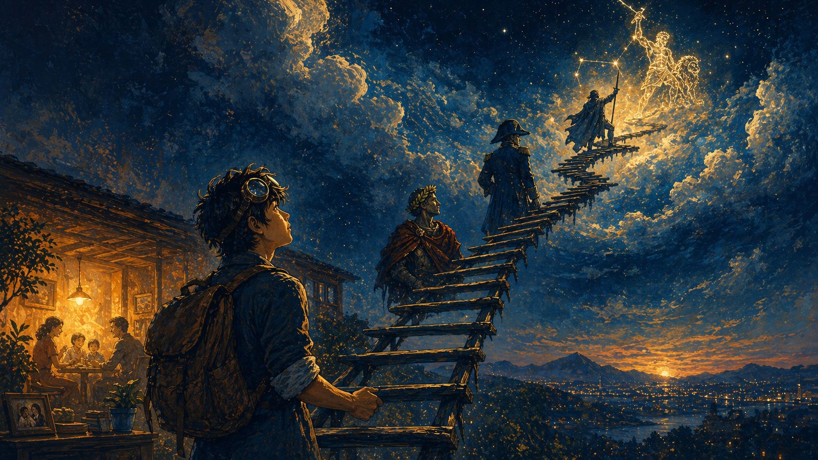 An endless ladder of ambition rising toward myth while ordinary life glows below