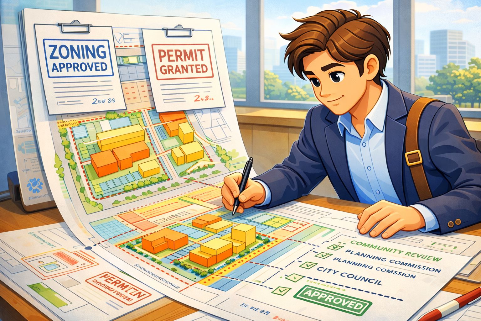 Developer reviewing site plans at an early stage of real estate development