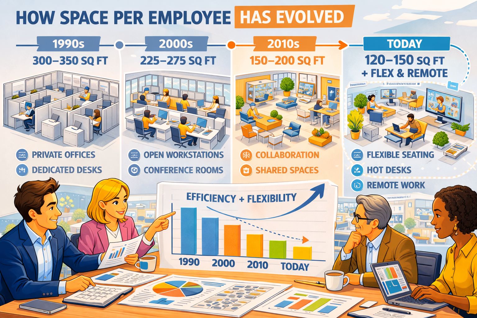 illustration showing how space per employee has evolved over time, with older layouts having more square footage per worker and newer layouts showing more efficient use of space, including open offices, shared spaces, and remote work arrangements