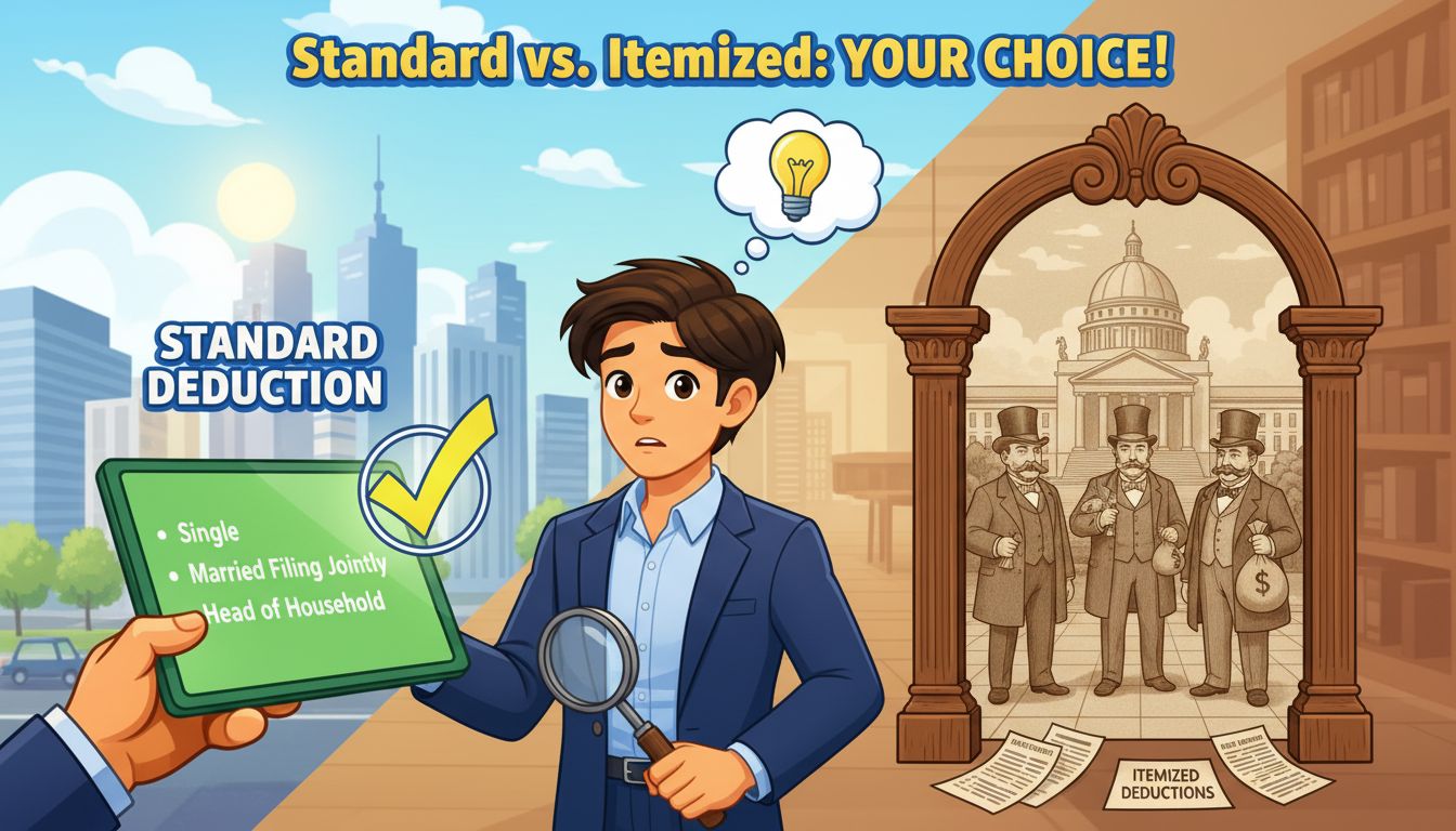 An illustration comparing standard deduction vs. itemized deductions, showing a person choosing between the two with a scale balancing simplicity and potential tax savings, editorial illustration style, muted earth tones with soft green accents