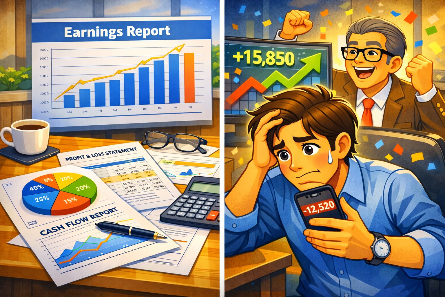 Split-scene illustration showing one side with company financial reports and charts, and the other side with emotional investors reacting with fear and excitement.
