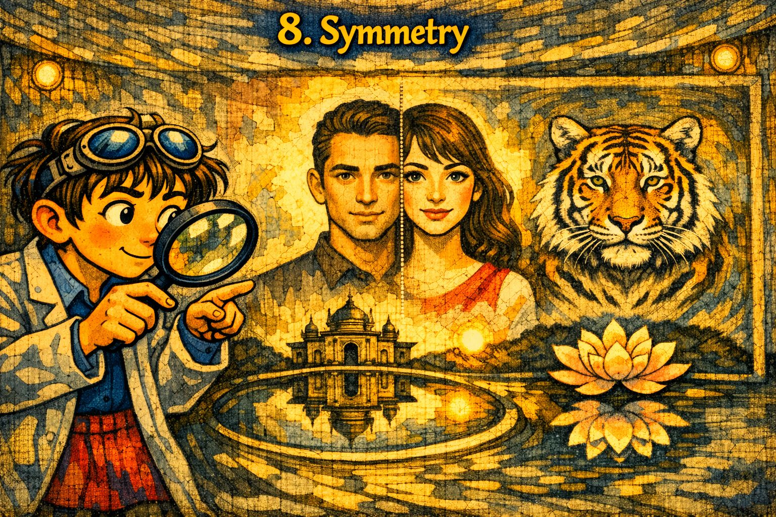 Illustration of symmetry in aesthetics showing symmetrical faces, a tiger, architecture, and a lotus flower — the brain detects symmetry fast because biologically important objects are symmetrical