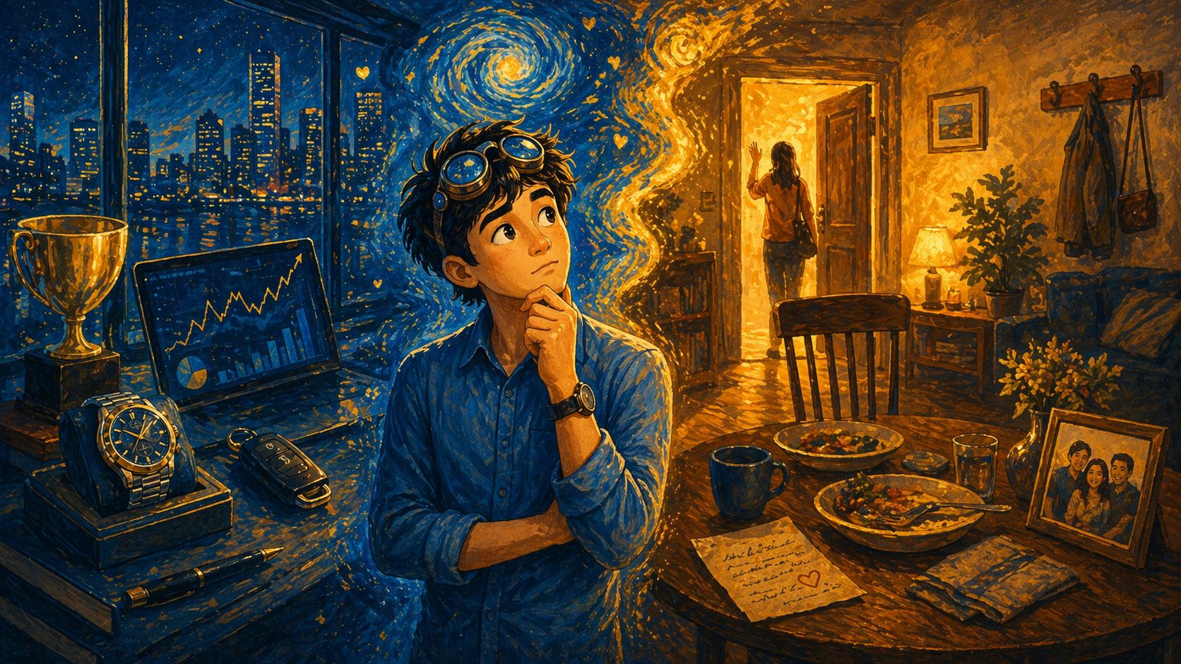 Success objects on one side and an empty chair at a dinner table on the other