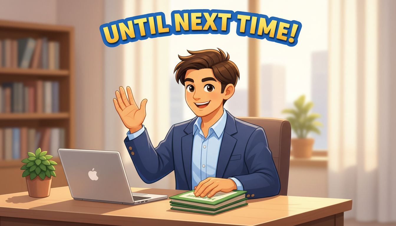 A person organizing waiving hands to say goodbye to the reader, surrounded by
 tax documents at a clean desk with a laptop