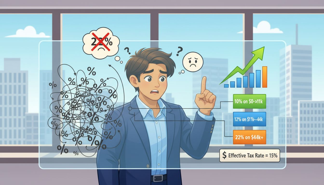 A person looking at a simplified flowchart of how taxes work, moving from confusion to clarity, editorial illustration style, muted earth tones with soft green accents