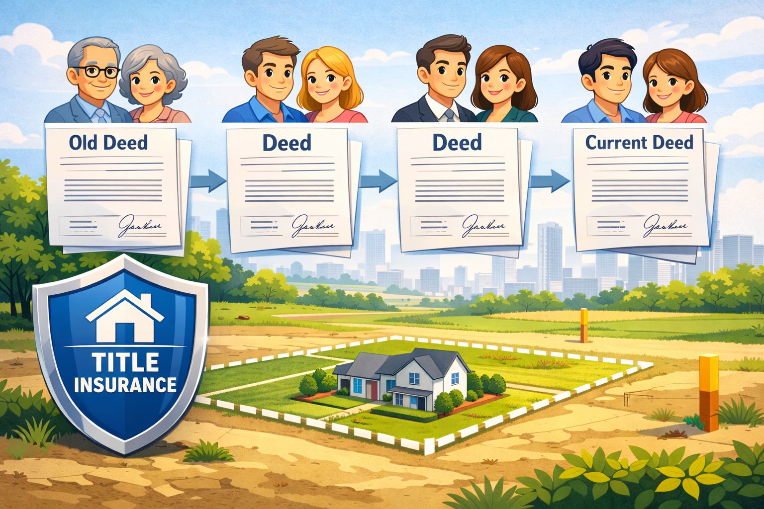 Property title document with a title insurance shield icon, representing the importance of clear ownership and title insurance in real estate development