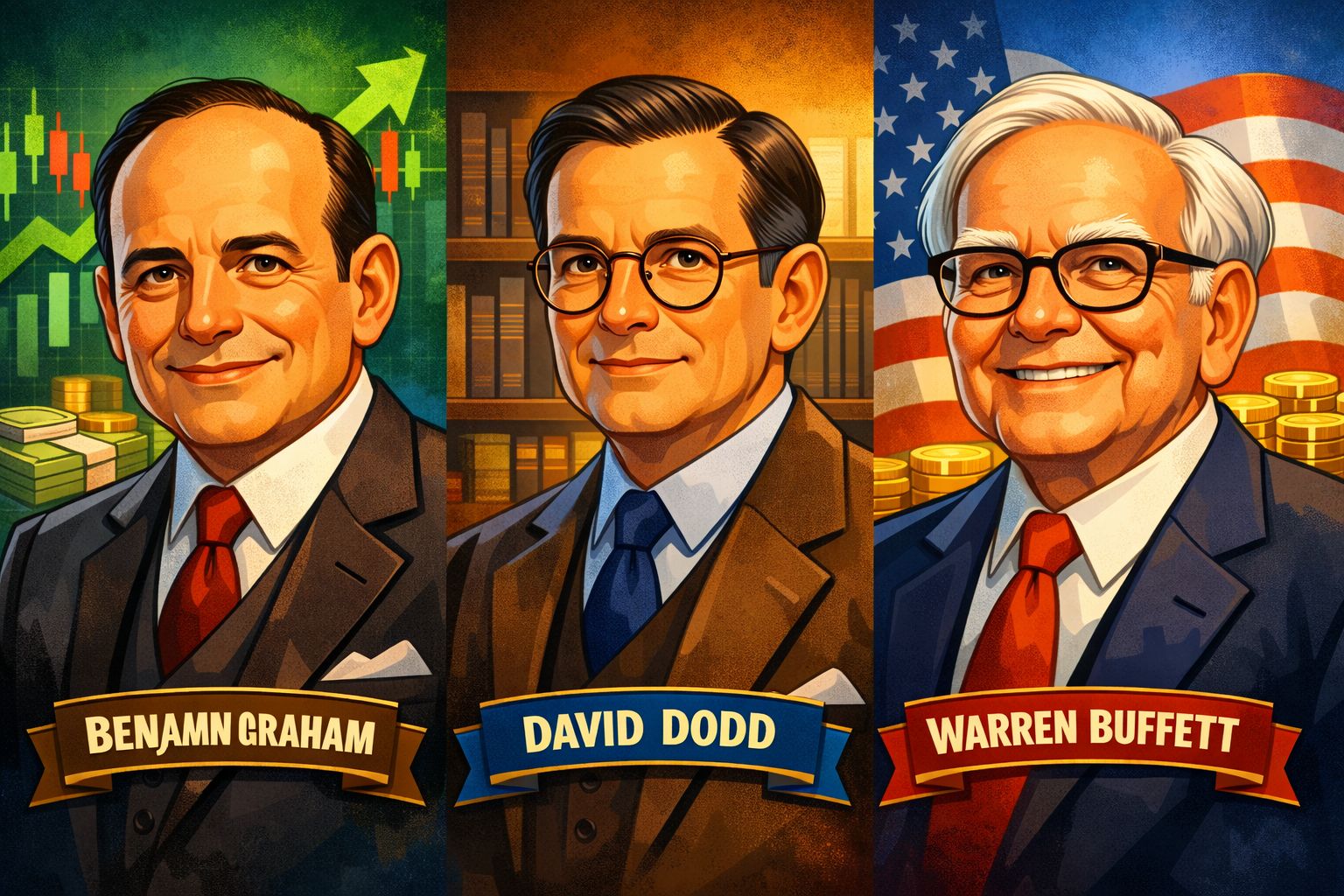Image of Benjamin Graham, David Dodd, and Warren Buffett, three key figures in value investing